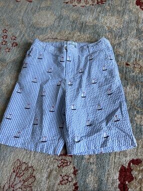 Light Blue Seersucker Kids' Formal Shorts with Embroidered Sailboats